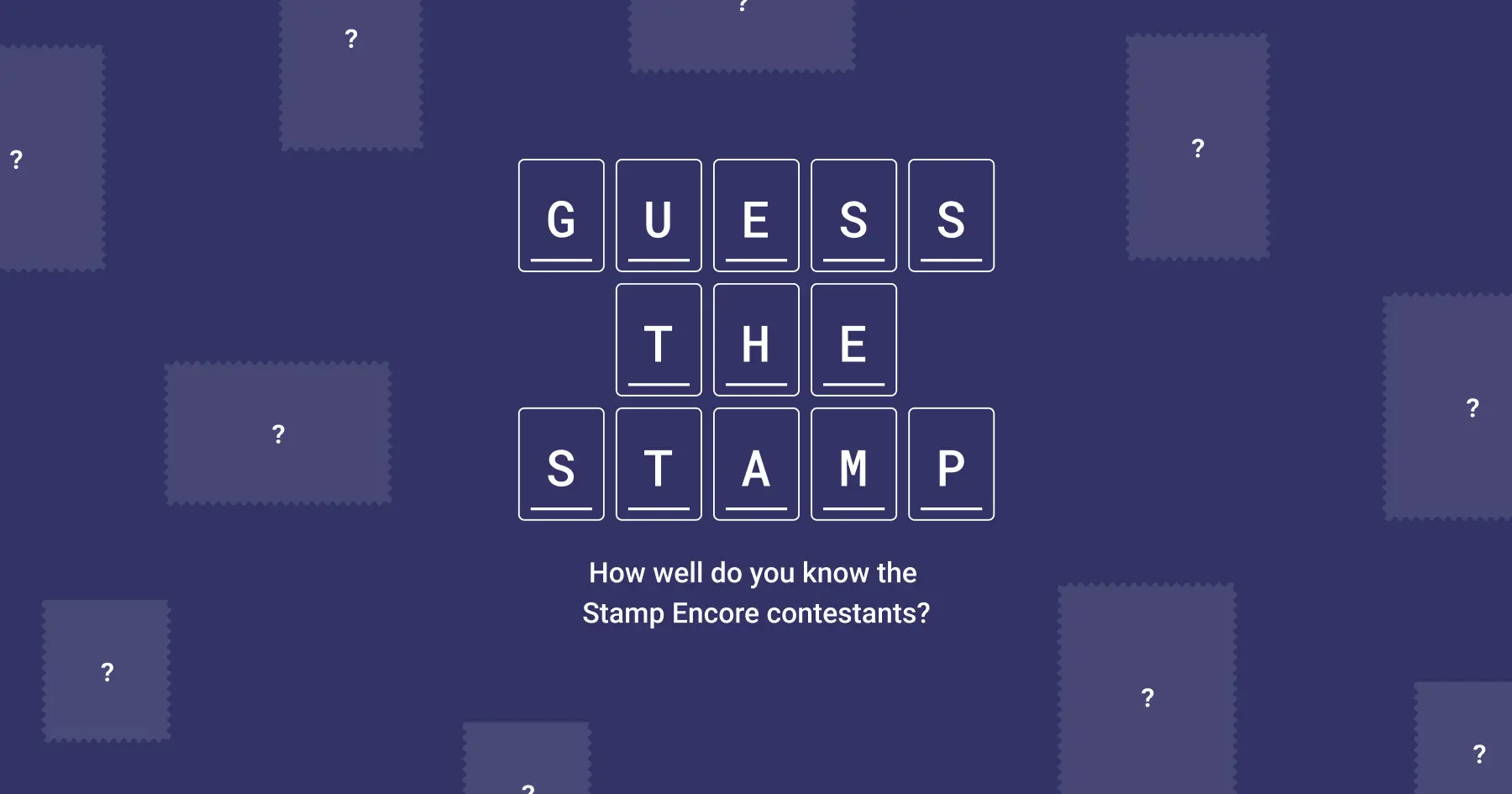 Keyboard keys that spell out 'Guess the Stamp' surrounded by stamp silhouettes